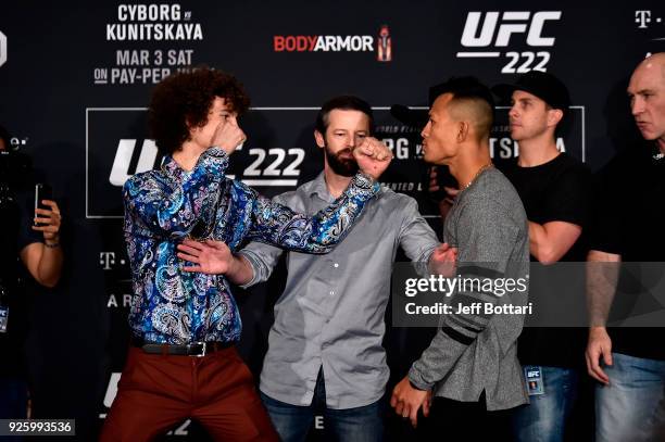 Opponents Sean O'Malley and Andre Soukhamthath face off for media during the UFC 222 Ultimate Media Day at MGM Grand Hotel & Casino on March 1, 2018...
