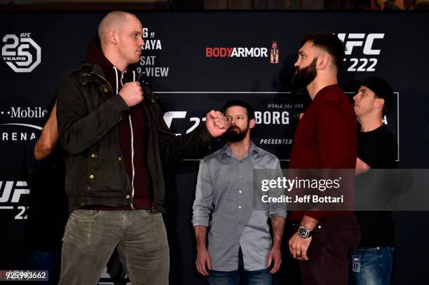 Opponents Stefan Struve of The Netherlands and Andrei Arlovski of Belarus face off for media during the UFC 222 Ultimate Media Day at MGM Grand Hotel...