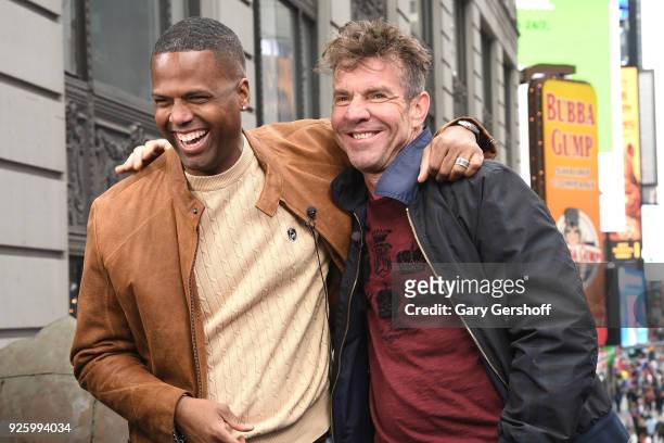 Actor Dennis Quaid visits "Extra" with host A.J. Calloway at Hard Rock Cafe - Times Square on March 1, 2018 in New York City.