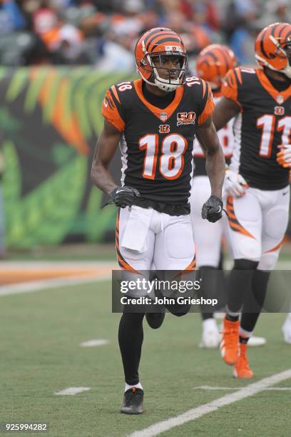 Green of the Cincinnati Bengals runs to the line of scrimmage during the game against the Detroit Lions at Paul Brown Stadium on December 24, 2017 in...