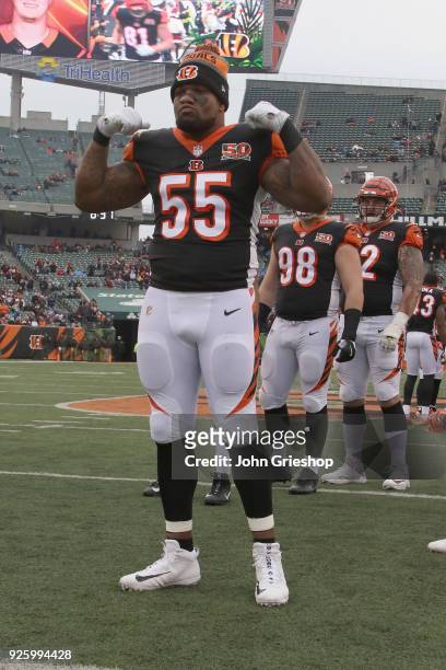Vontaze Burfict of the Cincinnati Bengals waits for his teammates at midfield before the game against the Detroit Lions at Paul Brown Stadium on...