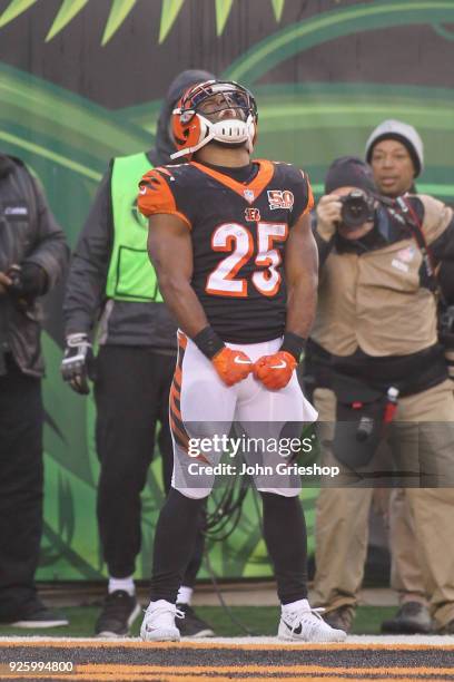 Giovani Bernard of the Cincinnati Bengals celebrates a touchdown during the game against the Detroit Lions at Paul Brown Stadium on December 24, 2017...