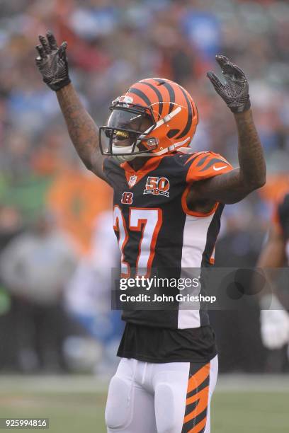 Dre Kirkpatrick of the Cincinnati Bengals celebrates a defensive stop during the game against the Detroit Lions at Paul Brown Stadium on December 24,...