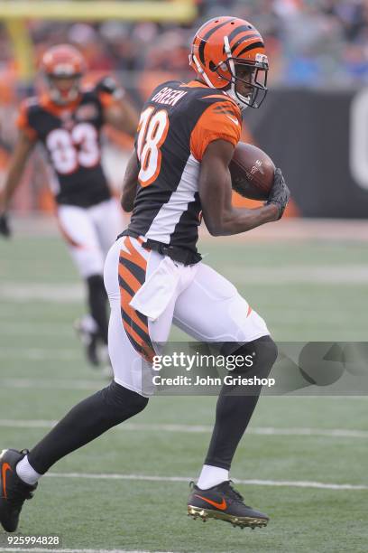 Green of the Cincinnati Bengals runs the football upfield during the game against the Detroit Lions at Paul Brown Stadium on December 24, 2017 in...