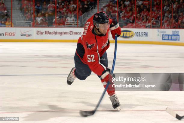 Mike Grren of the Washington Capitals takes a shot during a NHL hockey game against the Columbus Blue Jackets on November 1, 2009 at the Verizon...