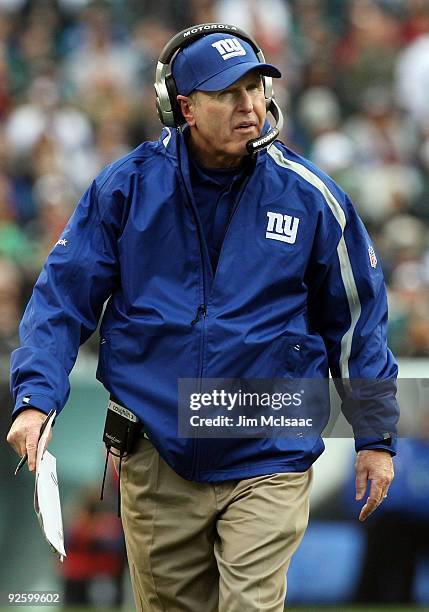 Head coach Tom Coughlin of the New York Giants looks on against the Philadelphia Eagles on November 1, 2009 at Lincoln Financial Field in...