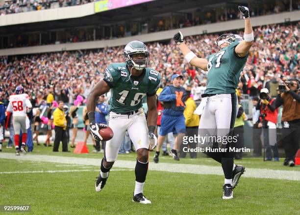 Wide receiver Jeremy Maclin scores a touchdown as tight end Brent Celek of the Philadelphia Eagles celebrates during a game against the New York...