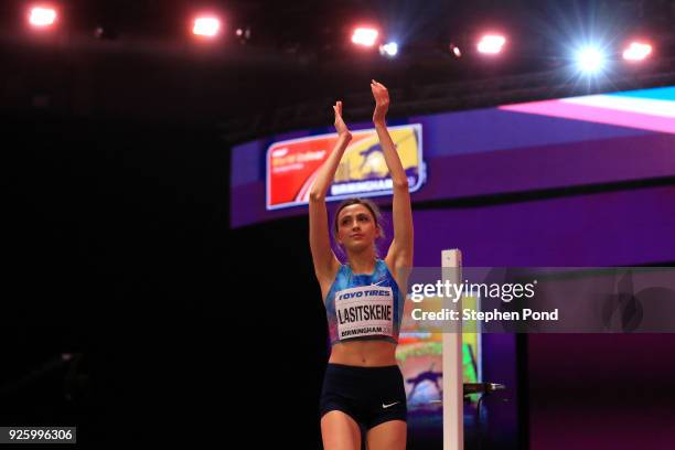 Mariya Lasitskene of Authorised Neutral Athlete celebrates after winning the Womens High Jump Final on Day One of the IAAF World Indoor Championships...