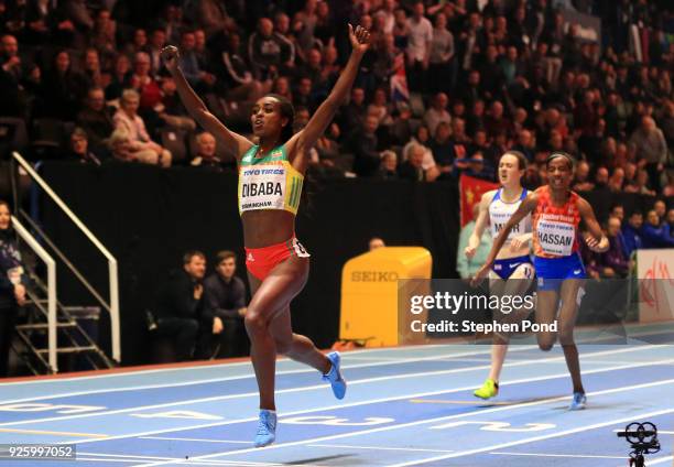 Genzebe Dibaba of Ethopia celebrates winning the womens 3000 metres final ahead of Sifan Hassan of Netherlands and Laura Muir of Great Britian on Day...