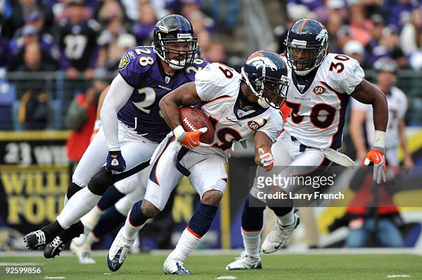 Eddie Royal of the Denver Broncos runs the ball against the Baltimore Ravens at M&T Bank Stadium on November 1, 2009 in Baltimore, Maryland.