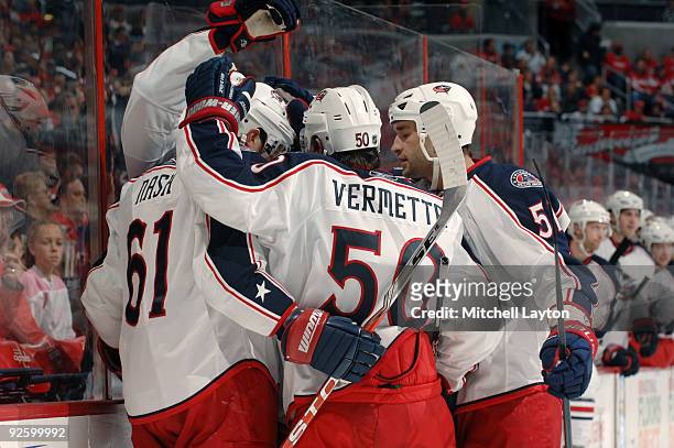 Rick Nash of the Columbus Blue Jackets celebrate their first goal during a NHL hockey game against the Washington Capitals on November 1, 2009 at the...