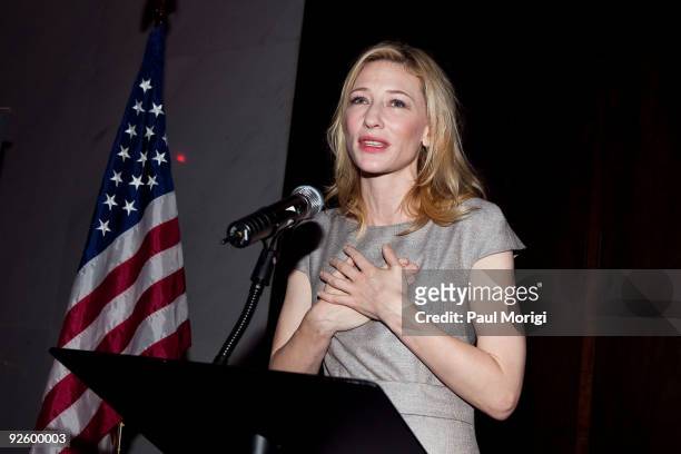 Actress Cate Blanchett makes a few remarks to guests at the "A Street Car Named Desire" Opening Night Reception hosted by the Embassy of Australia at...