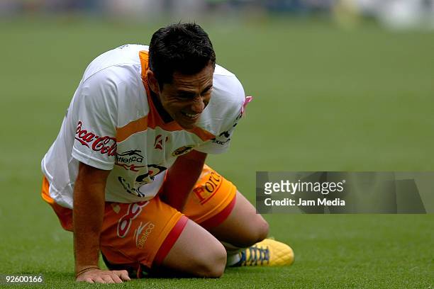 Oscar Razo of Jaguares reacts during their match as part of the 2009 Opening tournament, the closing stage of the Mexican Football League at the...