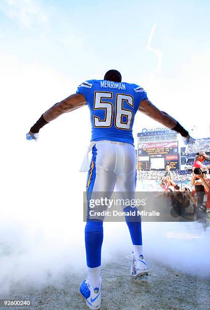 Shawne Merriman of the San Diego Chargers enters the field before the game against the Oakland Raiders on November 1, 2009 at Qualcomm Stadium in San...