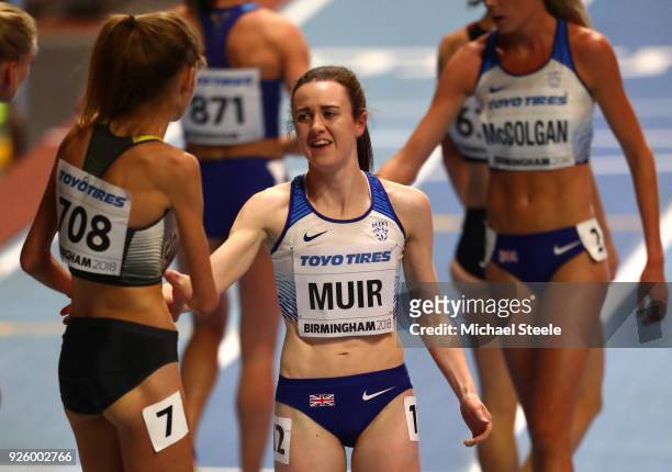Laura Muir of Great Britian celebrates reacts after winning bronze in the womens 3000 metres final on Day One of the IAAF World Indoor Championships...