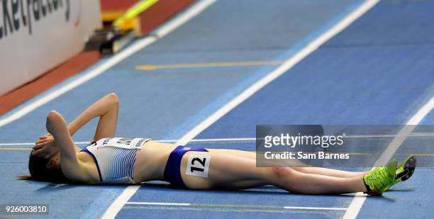 Birmingham , United Kingdom - 1 March 2018; Laura Muir of Great Britain reacts after finishing third in the bronze medal position in the Women's...