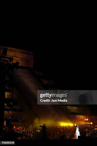 Singer Sarah Brightman performs during her concert at Pyramid Kukulcan on October 31, 2009 in Chichen Itza, Mexico