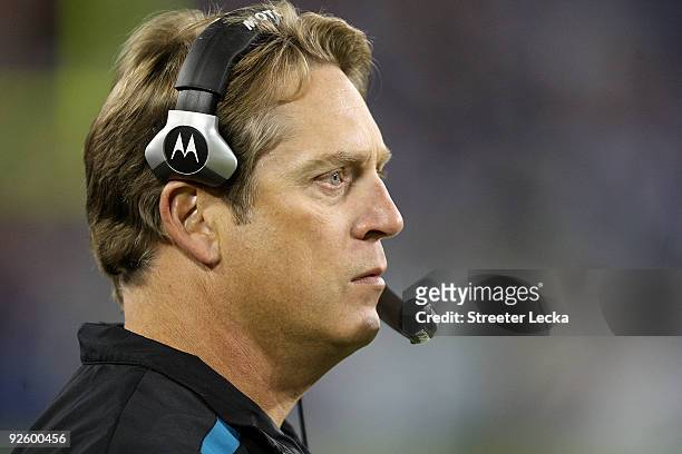 Head coach Jack Del Rio of the Jacksonville Jaguars looks on against the Tennessee Titans during their game at LP Field on November 1, 2009 in...