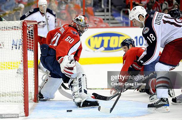 Umberger of the Columbus Blue Jackets scores the game winning goal in overtime against Jose Theodore of the Washington Capitals at the Verizon Center...