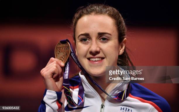 Birmingham , United Kingdom - 1 March 2018; Laura Muir of Great Britain with her bronze medal after finishing third in the Women's 3000m on Day One...