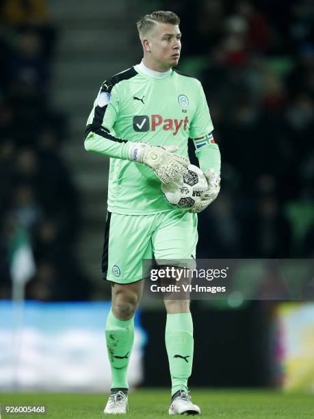 Goalkeeper Sergio Padt of FC Groningen during the Dutch Eredivisie match between FC Groningen and NAC Breda at Noordlease stadium on February 23,...