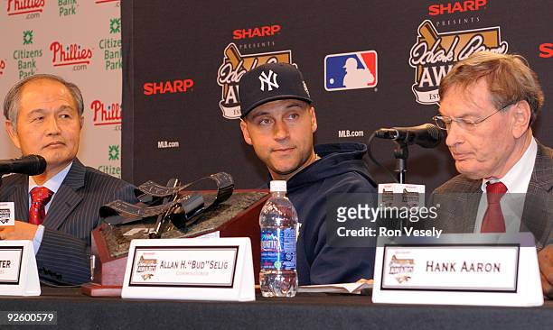 Doug "Daisuke" Koshima, 2009 Hank Aaron award recipient Derek Jeter, and Major League Baseball Commissioner Allan H. "Bud" Selig during a press...
