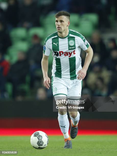 Yoell van Nieff of FC Groningen during the Dutch Eredivisie match between FC Groningen and NAC Breda at Noordlease stadium on February 23, 2018 in...