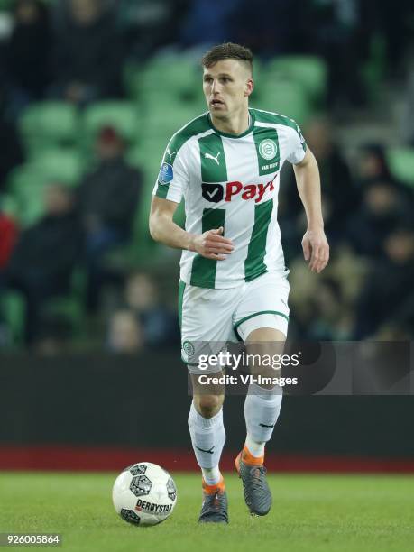 Yoell van Nieff of FC Groningen during the Dutch Eredivisie match between FC Groningen and NAC Breda at Noordlease stadium on February 23, 2018 in...