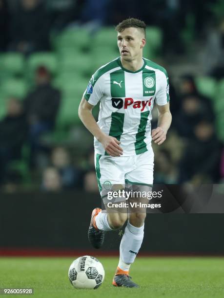 Yoell van Nieff of FC Groningen during the Dutch Eredivisie match between FC Groningen and NAC Breda at Noordlease stadium on February 23, 2018 in...