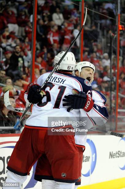 Raffi Torres of the Columbus Blue Jackets celebrates with Rick Nash after scoring his second goal of the third period against the Washington Capitals...