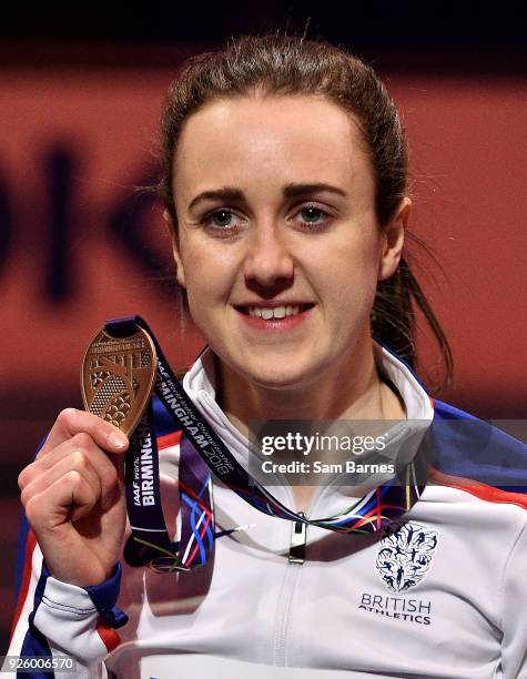 Birmingham , United Kingdom - 1 March 2018; Laura Muir of Great Britain with her bronze medal after finishing third in the Women's 3000m on Day One...