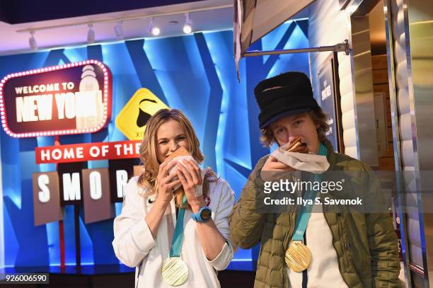 Olympic Gold Medalists Jessie Diggins and Red Gerard eat s'mores at Hershey's Chocolate World during Ice Breakers Team Unicorn First Day Back on...
