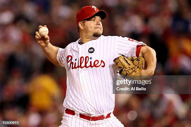 Starting pitcher Joe Blanton of the Philadelphia Phillies throws a pitch against the New York Yankees in Game Four of the 2009 MLB World Series at...