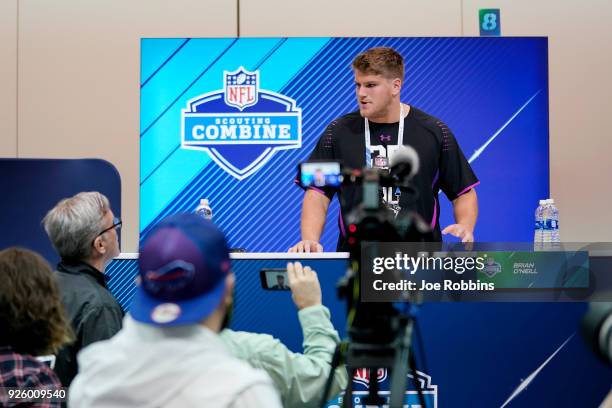 Pittsburgh offensive lineman Brian O'Neill speaks to the media during NFL Combine press conferences at the Indiana Convention Center on March 1, 2018...
