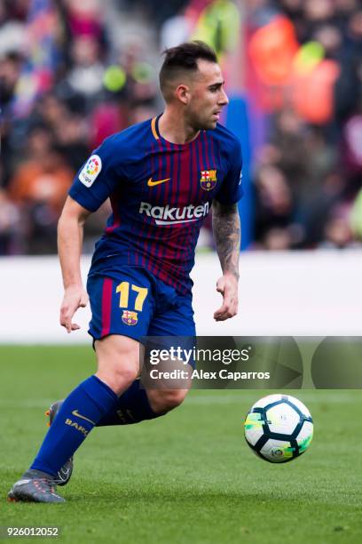 Paco Alcacer of FC Barcelona conducts the ball during the La Liga match between Barcelona and Getafe at Camp Nou on February 11, 2018 in Barcelona,...