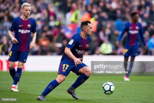 Paco Alcacer of FC Barcelona conducts the ball during the La Liga match between Barcelona and Getafe at Camp Nou on February 11, 2018 in Barcelona,...