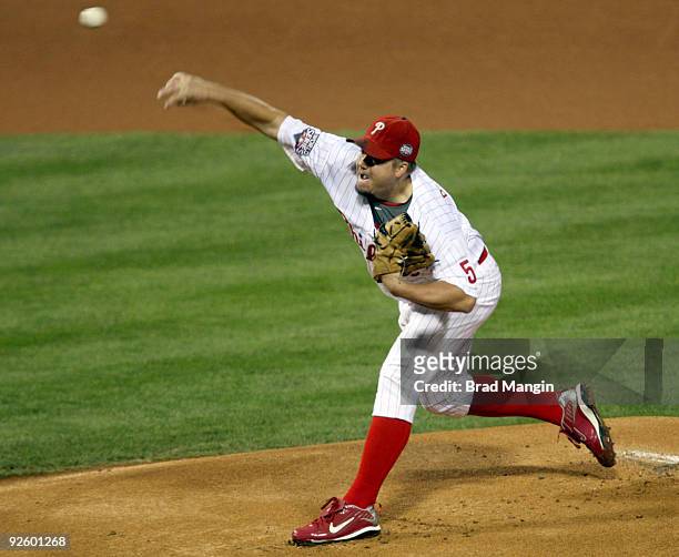 Joe Blanton of the Philadelphia Phillies pitches during Game Four of the 2009 MLB World Series at Citizens Bank Park on November 1, 2009 in...