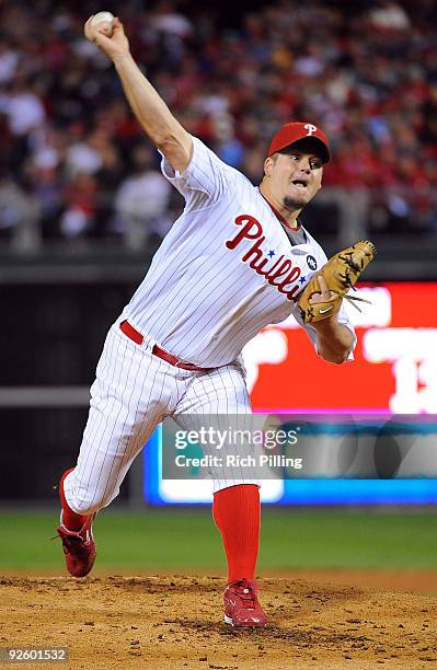 Joe Blanton of the Philadelphia Phillies pitches during Game Four of the 2009 MLB World Series at Citizens Bank Park on November 1, 2009 in...