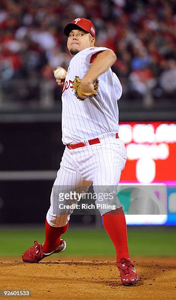 Joe Blanton of the Philadelphia Phillies pitches during Game Four of the 2009 MLB World Series at Citizens Bank Park on November 1, 2009 in...