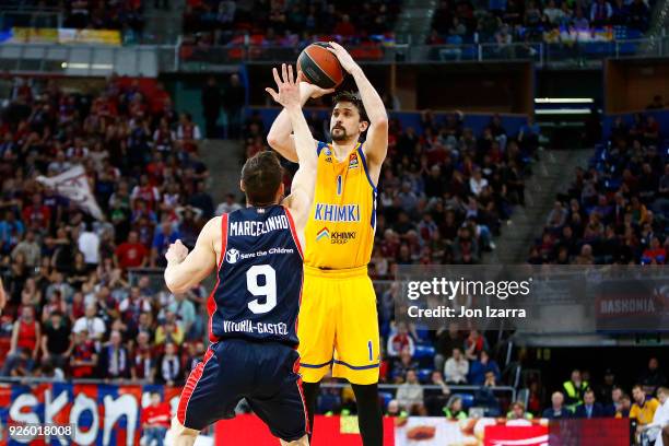 Alexey Shved, #1 of Khimki Moscow Region in action during the 2017/2018 Turkish Airlines EuroLeague Regular Season Round 24 game between Baskonia...