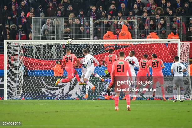 Tiemoko Ismael Diomande of Caen heads in the only goal during the French Cup match between Caen and Lyon at Stade Michel D'Ornano on March 1, 2018 in...