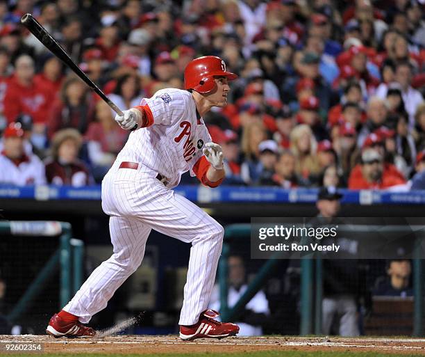 Chase Utley of the Philadelphia Phillies hits a RBI double in the bottom of the first inning of Game Four of the 2009 MLB World Series at Citizens...