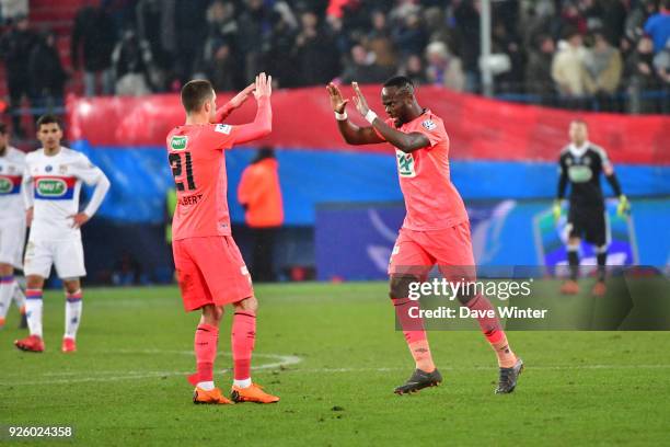 Joy for Tiemoko Ismael Diomande of Caen after his goal wins the French Cup match between Caen and Lyon at Stade Michel D'Ornano on March 1, 2018 in...