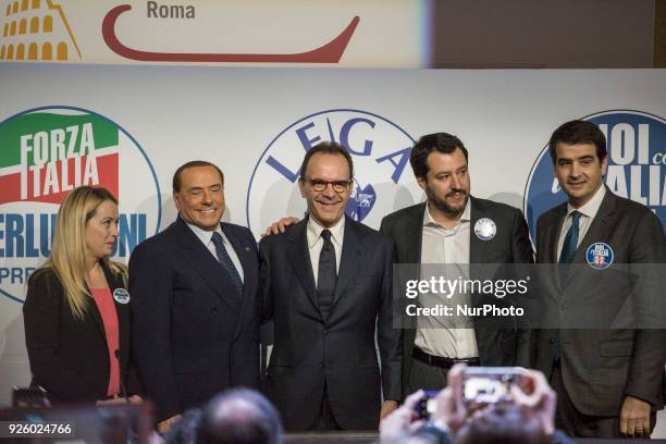 Head of the centre-right Forza Italia Silvio Berlusconi gives a joint press conference with Leader of far-right party the League Matteo Salvini...