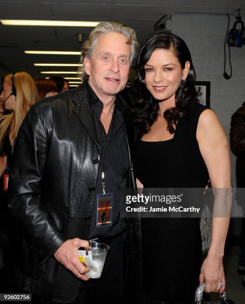 Actors Michael Douglas and Catherine Zeta Jones attend the 25th Anniversary Rock & Roll Hall of Fame Concert at Madison Square Garden on October 29,...