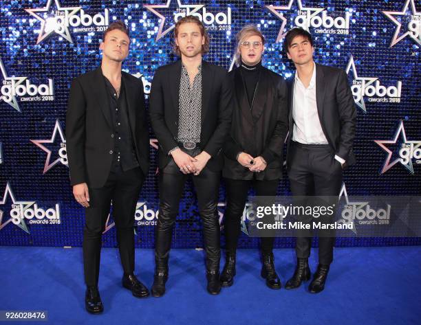 Luke Hemmings, Michael Clifford, Calum Hood and Ashton Irwin from 5 Seconds of Summer attend The Global Awards 2018 at Eventim Apollo, Hammersmith on...