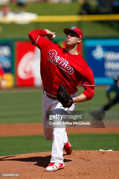 Jerad Eickhoff of the Philadelphia Phillies in action during the Spring Training game against the Detroit Tigers at Spectrum Field on February 27,...