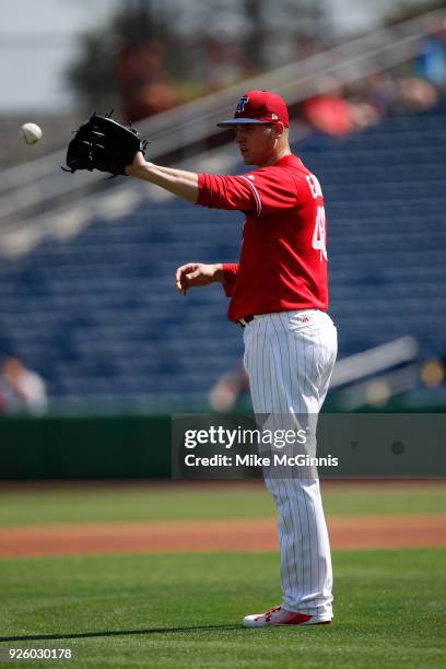 Jerad Eickhoff of the Philadelphia Phillies in action during the Spring Training game against the Detroit Tigers at Spectrum Field on February 27,...