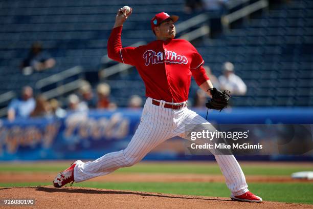 Jerad Eickhoff of the Philadelphia Phillies in action during the Spring Training game against the Detroit Tigers at Spectrum Field on February 27,...