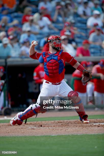 Cameron Rupp of the Philadelphia Phillies in action during the Spring Training game against the Detroit Tigers at Spectrum Field on February 27, 2018...